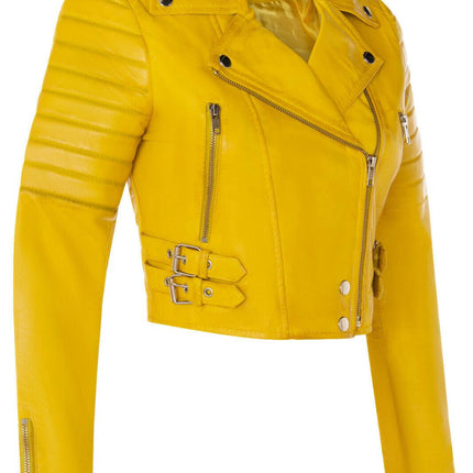 Womens Cropped Brando Leather Biker Jacket-Damascus