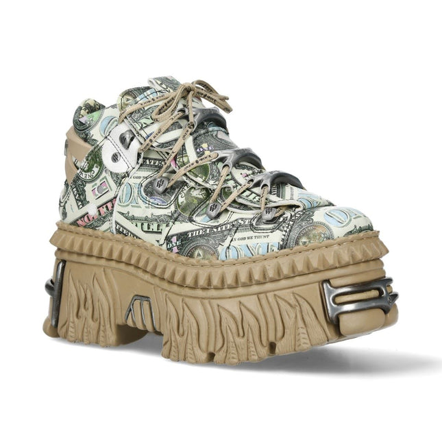 New Rock M-106Wall-C49 Dollar Bill Print Leather Platform Ankle Boots