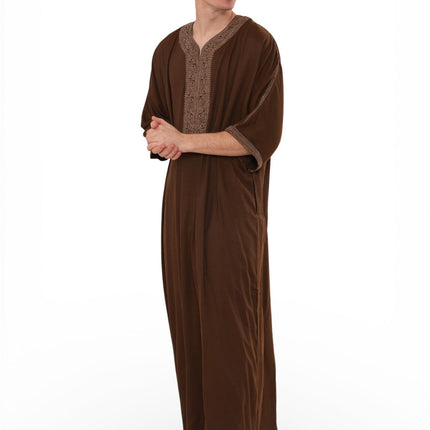 Men's Ramadan Dark Brown Moroccan Thobe Robe Djellaba Gandoura Eid Jubba- HM67