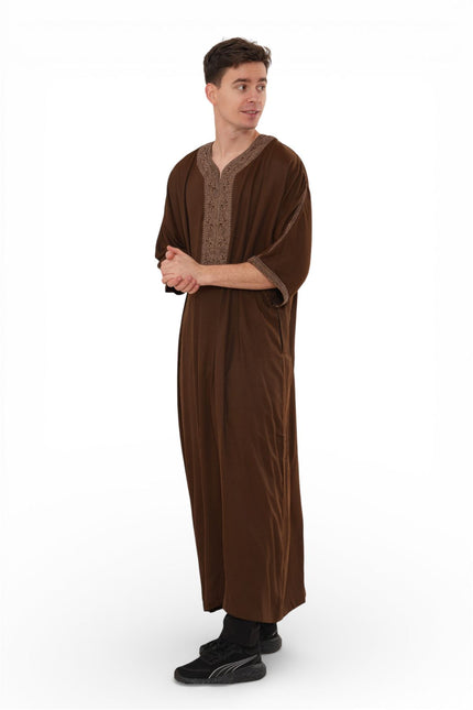 Men's Ramadan Dark Brown Moroccan Thobe Robe Djellaba Gandoura Eid Jubba- HM67