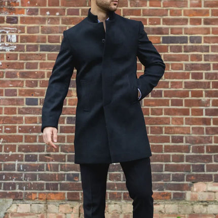 Men's Black Stand Collar Wool Blend Overcoat