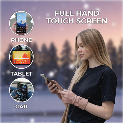 Womens Nude Beige Italian Leather Winter Bow Design Soft Wool Lining Gloves - L-GLV-401