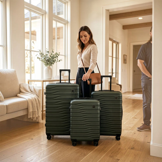 Hardshell Green Suitcase Set Robust 8 Wheel Luggage Cabin Case Bag