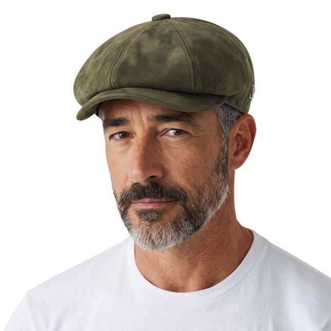 Men's Olive Suede Vintage 8-Panel Classic Gatsby Baker Boy Hat - MHT-1