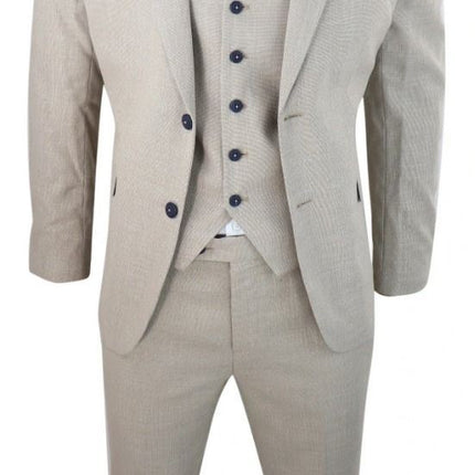 Mens 3 Piece Cream Linen Summer Spring Classic Suit