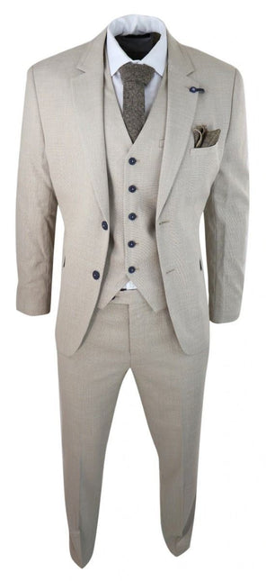 Mens 3 Piece Cream Linen Summer Spring Classic Suit