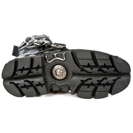 New Rock Unisex Black/Blue Leather Gothic Biker Skull Boots - 107-C5