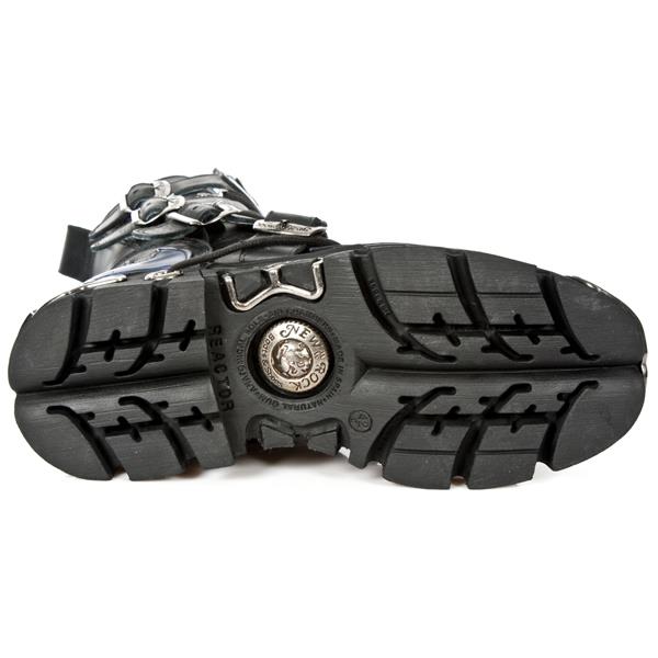 New Rock Unisex Black/Blue Leather Gothic Biker Skull Boots - 107-C5