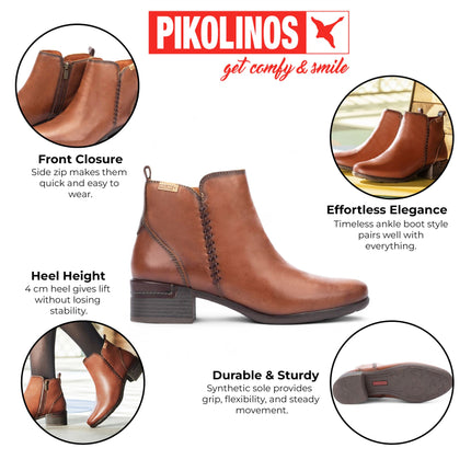 Pikolinos Women’s Cuero Brown Leather Zip Heel Ankle Boots - Malaga