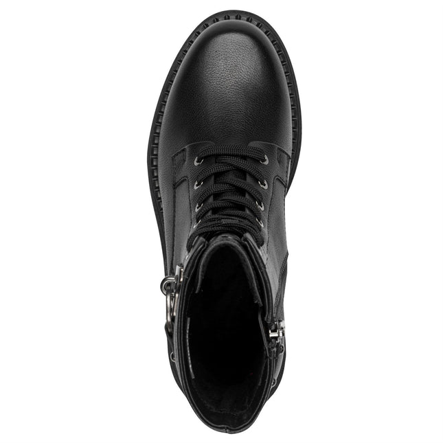 Tamaris Womens Fashion Black Leather Lace-Up Zip Combat Ankle Boots