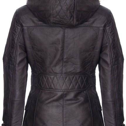 Womens Quilted Leather Parka Jacket-Brussels