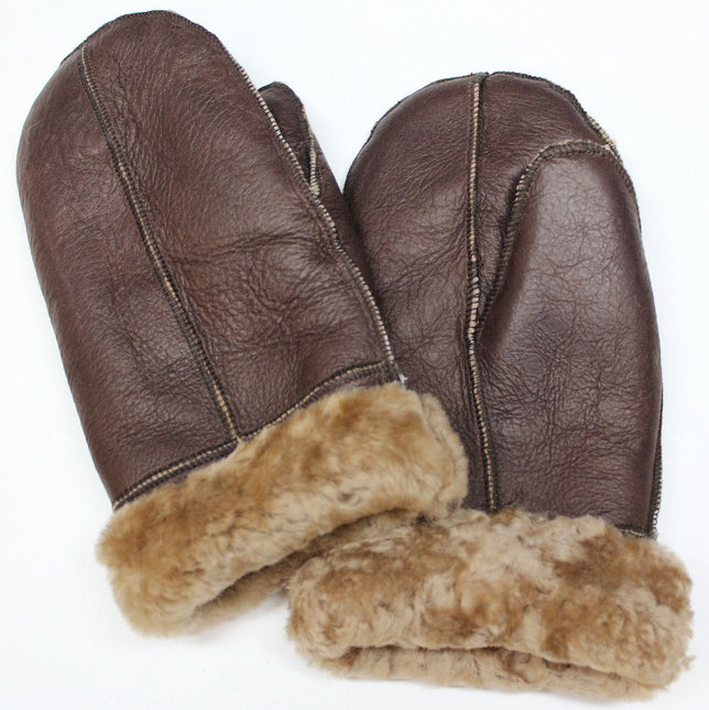Unisex Brown Cream Real Sheepskin Leather Shearling Gloves Warm Mittens