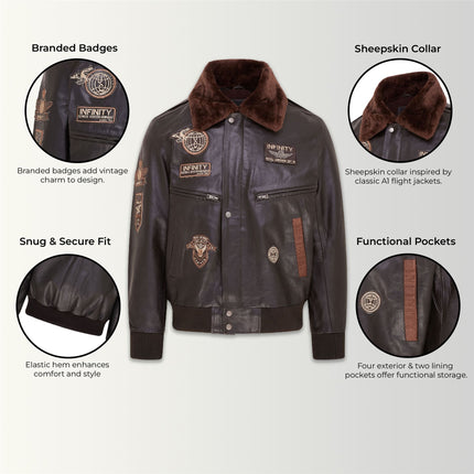 Mens Leather Bomber Jacket Air Force Badge Pilot Flying US Aviator Jacket
