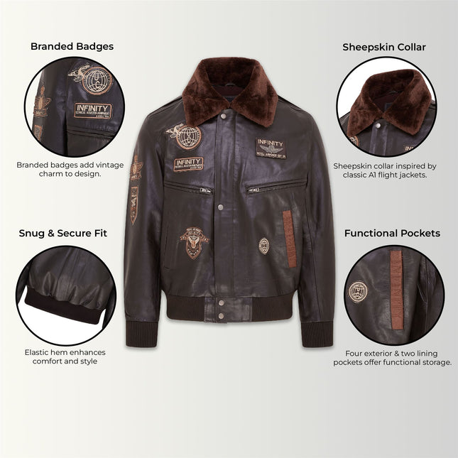 Mens Leather Bomber Jacket Air Force Badge Pilot Flying US Aviator Jacket