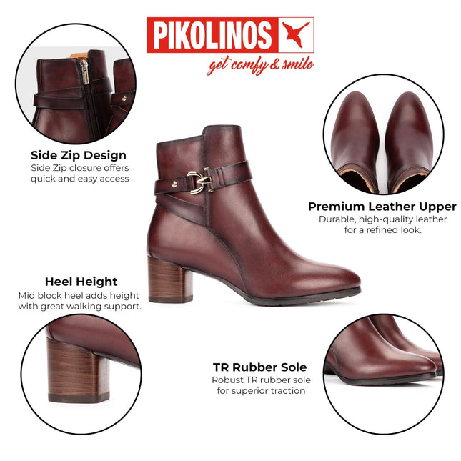 Pikolinos Women's Red Leather Ankle Heeled Boots - Calafat