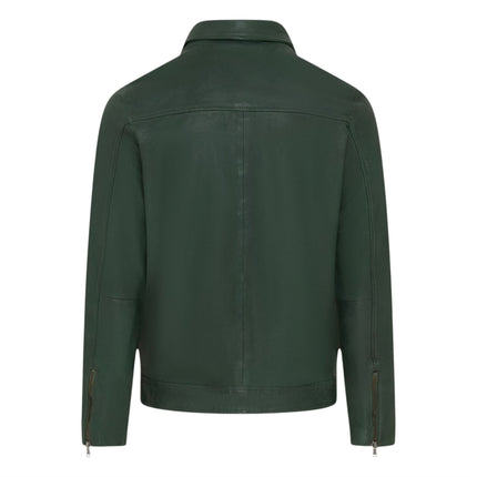 Mens Leather Green Harrington Collar Biker Jacket - Alpha
