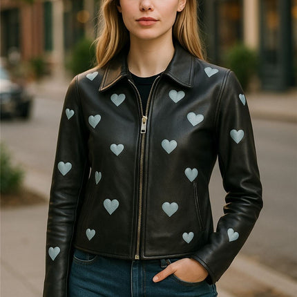 Women’s Black Leather Hearts Biker Jacket  - Wynyard