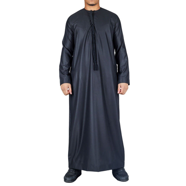 Men's Black Thobe Emirati Islamic Jubba Robe Eid Tassel Regular Fit