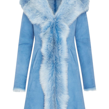 Womens Blue Toscana Sheepskin Suede Leather Hooded Trench Coat - Aura