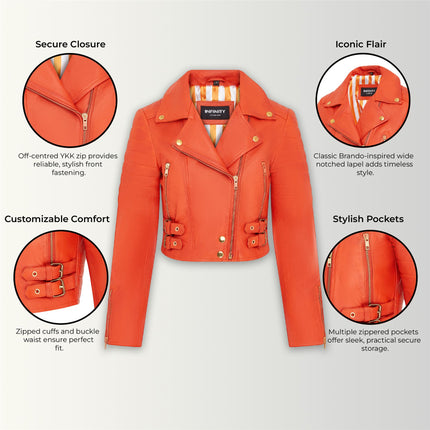 Womens Orange Cropped Brando Leather Biker Jacket-Longtown