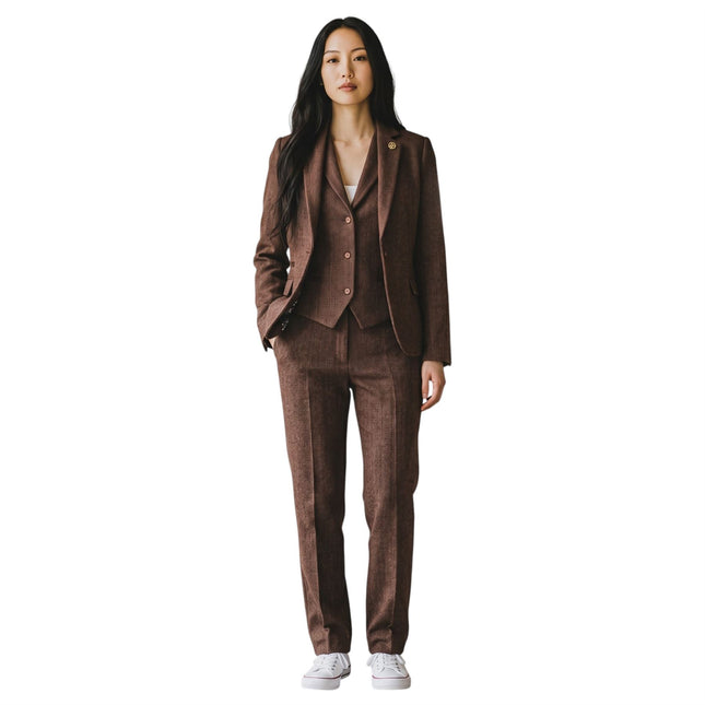 Women's Rust Brown Herringbone Wool Tweed Blazer Waistcoat 2 Piece Set - WS-1