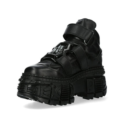 New Rock Metallic Ankle Black Leather Boots-WALL285-S2
