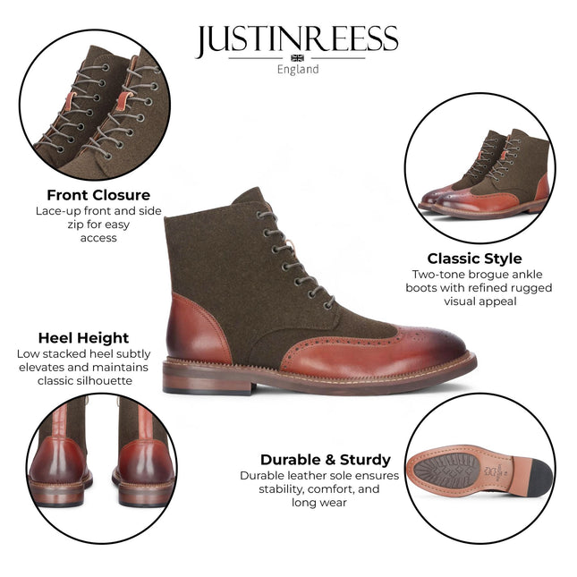 Justin Reess Men's Khaki Brown Brogue Leather Ankle Boots - Clifford