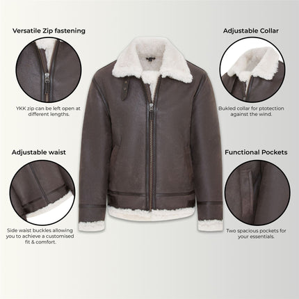 Mens Creck Brown Warm Sheepskin Aviator Zip-Up Flight Jacket-Harrogate