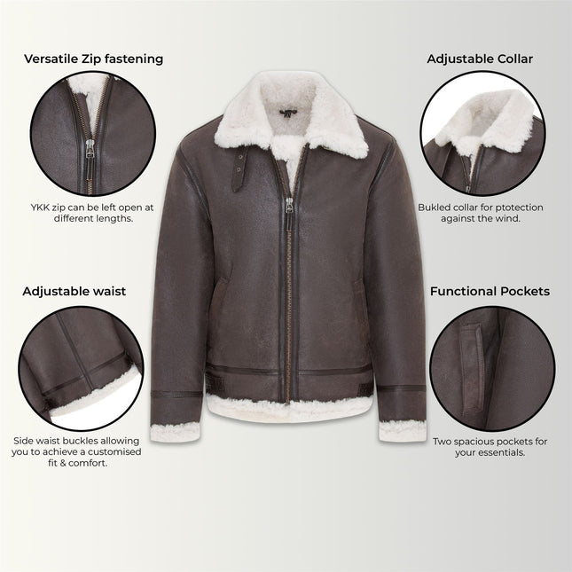 Mens Creck Brown Warm Sheepskin Aviator Zip-Up Flight Jacket-Harrogate