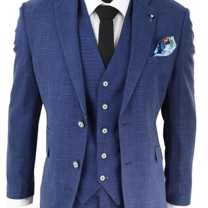 Mens 3 Piece Blue Linen Summer Spring Classic Suit