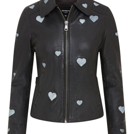 Women’s Black Leather Hearts Biker Jacket  - Wynyard