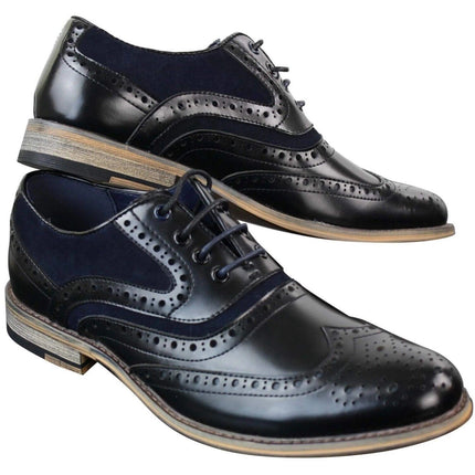 Mens Classic Navy Suede Oxford Brogue Shoes In Black Leather