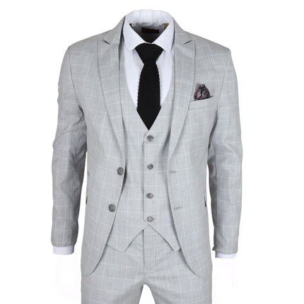 Men's Grey Checked 3 Piece Suit Tailored Fit