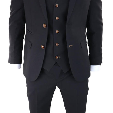 Mens Black 3 piece Suit Brown Trim Classic Birdseye Vintage Wedding Grooms