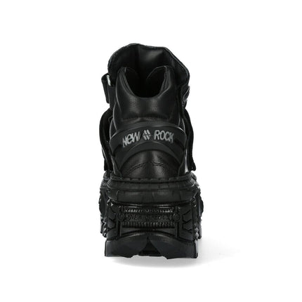 New Rock Metallic Ankle Black Leather Boots-WALL285-S2