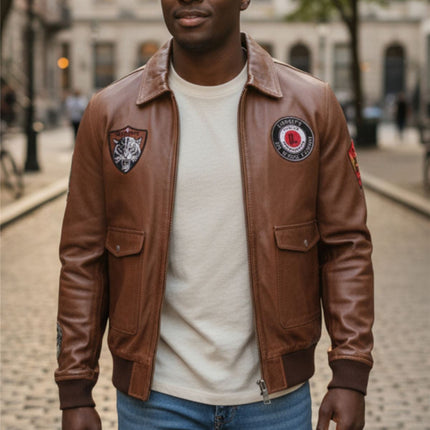 Men's Tan Brown Leather Bomber G-1 Aviator Collar Jacket  - Maverick