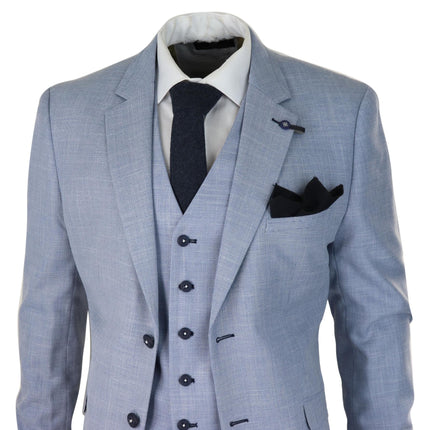 Mens 3 Piece Linen Suit Light Blue Summer Tailored Fit Wedding Prom Classic Suit