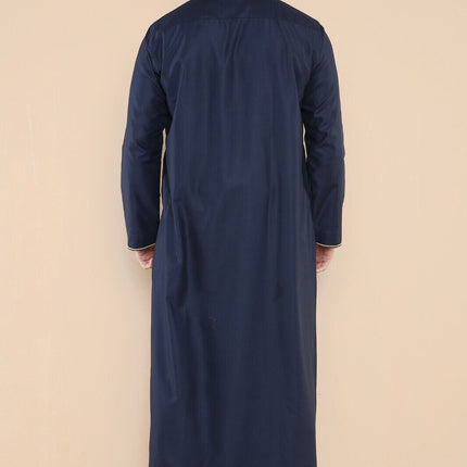 Mens Navy Thobe Jubba Emirati Islamic Arabic Eid Embroidery Kaftan Jubbah Robe