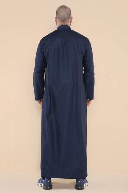Mens Navy Thobe Jubba Emirati Islamic Arabic Eid Embroidery Kaftan Jubbah Robe