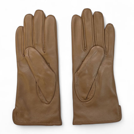 Womens Tan Brown Italian Leather Winter Stitch Line Design Soft Wool Lining Gloves - L-GLV-301