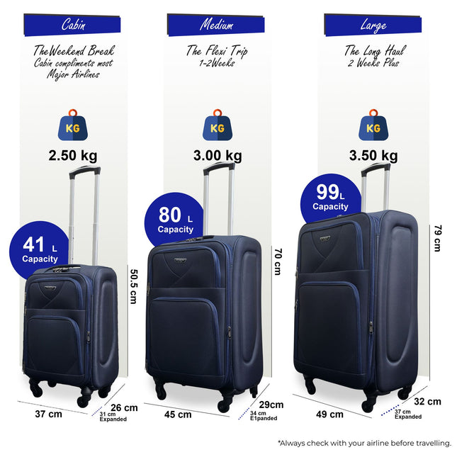 Soft Shell Lightweight Nylon Suitcase Set 4 Wheel Travel Case Holiday Bags