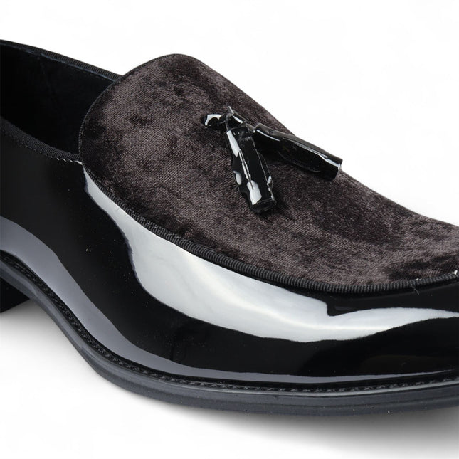 Men's Black Velvet Tassel Loafers Formal Patent Dress Shoes