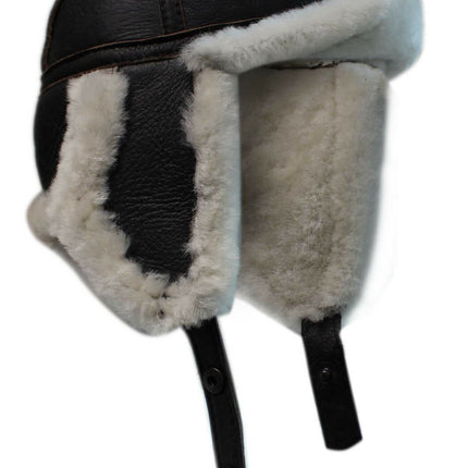 Men's B3 Brown Cream RAF Aviator Sheepskin B-55 WW2 Trapper Flying Hat