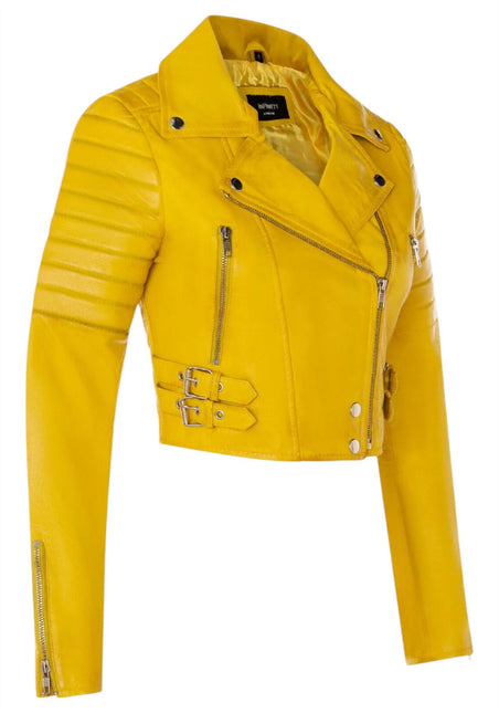 Womens Cropped Brando Leather Biker Jacket-Damascus