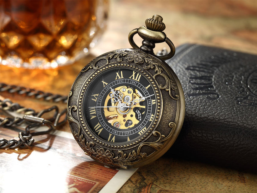 Vinatage Bronze Mechanical Alloy Skeleton Half Hunter Pocket Watch