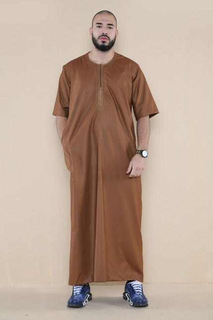 Mens Brown Thobe Jubba Islamic Arab Moroccan Saudi Zipped Kaftan Arab Robe