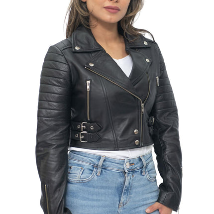 Womens Cropped Brando Leather Biker Jacket-Damascus