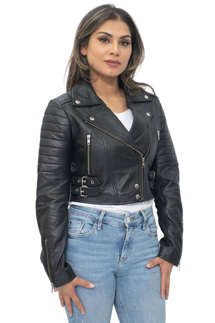 Womens Cropped Brando Leather Biker Jacket-Damascus