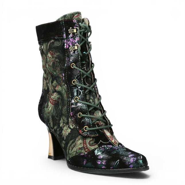 Laura Vita Women's Gothic Victorian Green Leather Heeled Lace-Up Boots - Oanelo-03