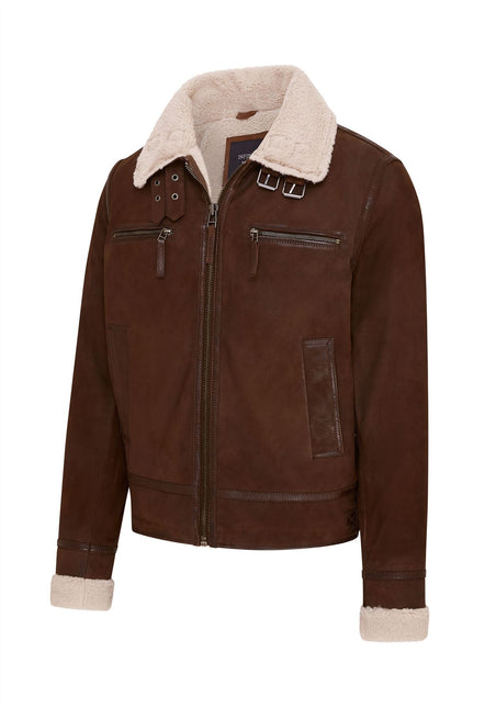 Mens Real Sheep Suede Bomber Jacket Aviator Jacket with Fur Lining